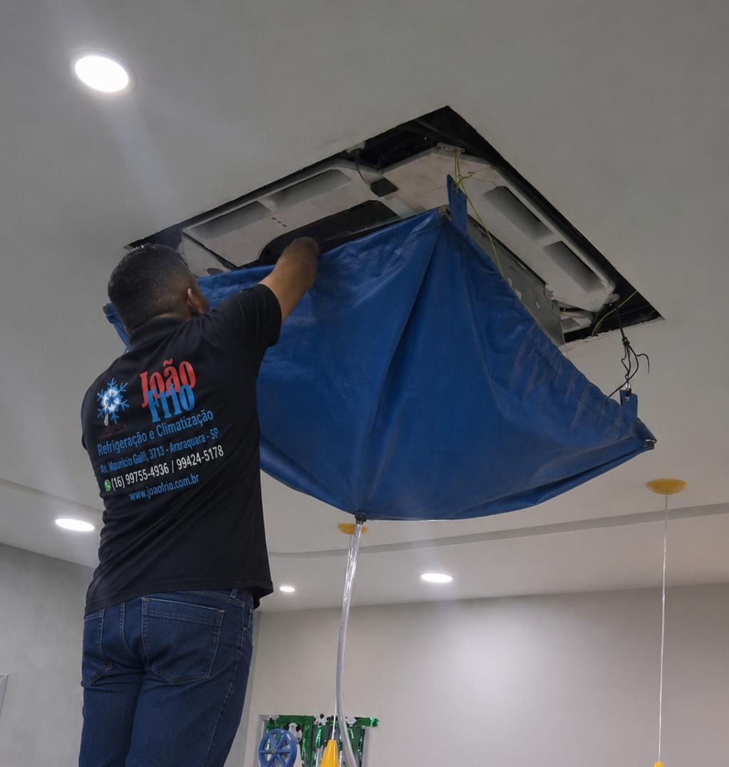 Técnico JoãoFrio realizando manutenção em ar-condicionado cassete